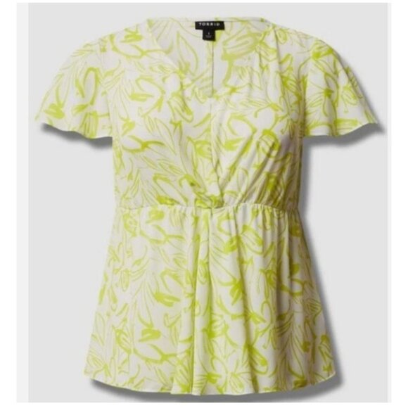 Torrid Lime Green Abstract Peplum Blouse Flutter Sleeve Size 1 - Picture 7 of 7